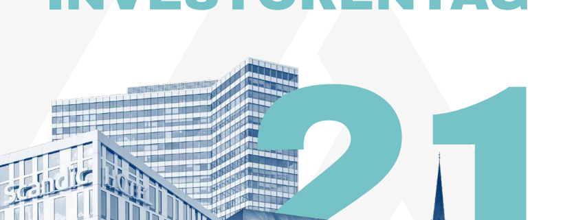 Grafik zur Programmübersicht des 6. Hamburger Investorentags am 25. und 26. August 2021 im Hotel Scandic Hamburg Emporio. Im Hintergrund sind Gebäude und die Skyline von Hamburg zu sehen. Logos von Kirchhoff und Cross Alliance sind abgebildet.
