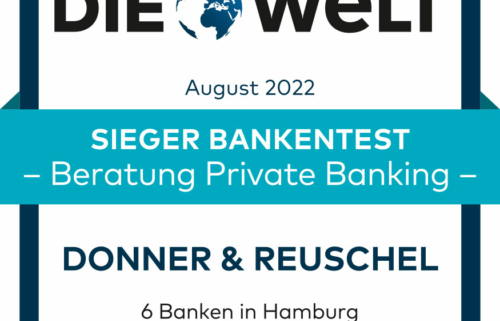 Auszeichnungssiegel der Zeitung "Die Welt" für Donner & Reuschel als Sieger im Bankentest 2022 in der Kategorie Beratung Private Banking, getestet von Deutsches Institut für Bankentests GmbH, für 6 Banken in Hamburg.