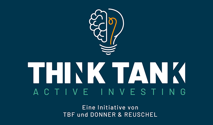 Grafik mit der Aufschrift "Think Tank Active Investing", darunter der Text "Eine Initiative von TBF und DONNER & REUSCHEL". Oben ist ein stilisiertes Gehirn in einer Glühbirne dargestellt.