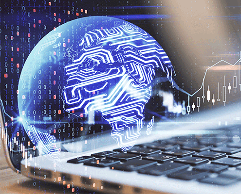 Auf dem Bild sieht man eine Weltkugel innerhalb eins Laptops. Die Weltkugel zeigt die Welt in Datenströmen und technischen Charts.
