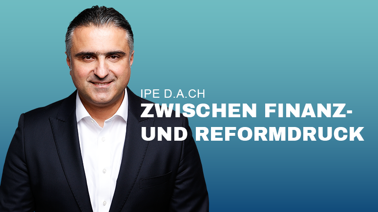 Auf dem Bild sieht man Hayri Ulucan in einem dunklen Anzug und einem weißen Hemd. Ebenso kann hier der folgende Text gelesen werden: IPE DACH Zwischen Finanz- und Reformdruck