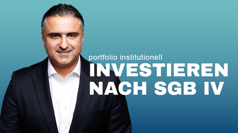 Auf dem Bild sieht man Hayri Ulucan in einem dunklen Anzug und einem weißen Hemd. Ebenso kann hier der folgende Text gelesen werden: portfolio institutionell Investieren nach SGB IV