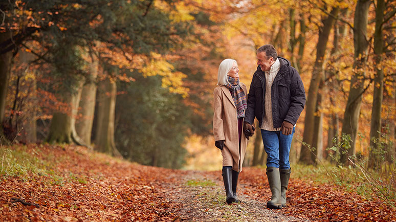 Älteres Paar lächelt sich an und geht in einem herbstlichen Wald spazieren