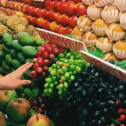 Nahaufnahme eines Marktstands mit verschiedenen Obstsorten in Reihen und einer Hand, die Trauben greift