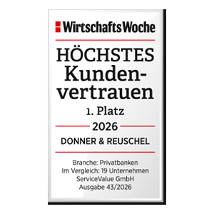 Siegel der Wirtschaftswoche für höchstes Kundenvertrauen Platz 1 2026 im Bereich Privatbanken