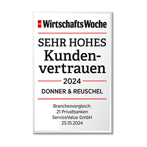 Auszeichnung der WirtschaftsWoche für sehr hohes Kundenvertrauen 2024 an Donner & Reuschel, Branchenvergleich: 21 Privatbanken, ServiceValue GmbH, 25.10.2024.