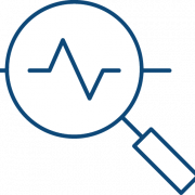 Eine blaue Lupe vergrößert eine wellenförmige Messkurve, die über einer horizontalen Linie dargestellt ist, und symbolisiert die Analyse von Daten oder Vitalzeichen.
