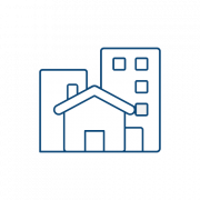 Ein Einfamilienhaus im Vordergrund, umgeben von zwei mehrstöckigen Gebäuden, dargestellt in blauen Linien.